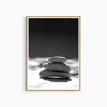 Three stacked stones photography print, black and white minimalist wall art, coastal pebble print