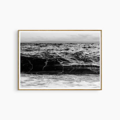 Black and white dark wave photography print, moody stormy sea wall art, dramatic ocean print