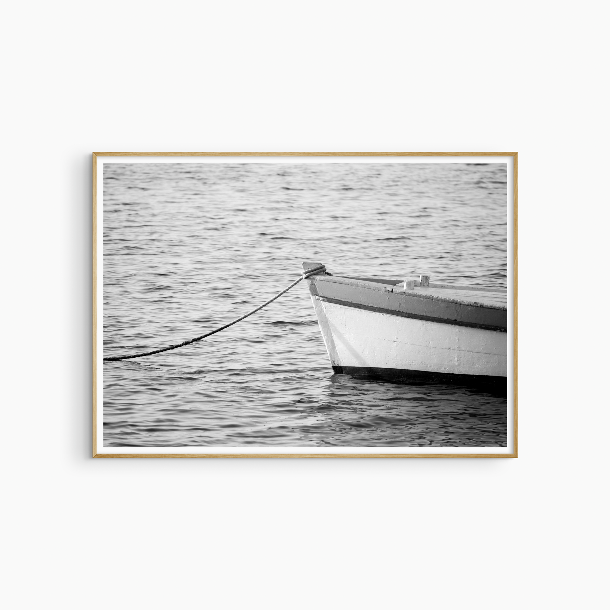Minimalist boat and sea photography printable, black and white nautical wall art, coastal rope print