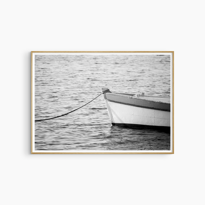 Minimalist boat and sea photography printable, black and white nautical wall art, coastal rope print