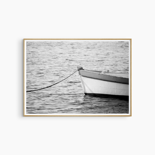 Minimalist boat and sea photography printable, black and white nautical wall art, coastal rope print