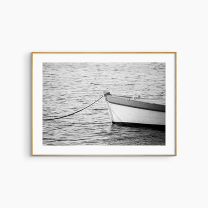 Black and white fishing boat photography print, minimalist nautical wall art, boat and sea print