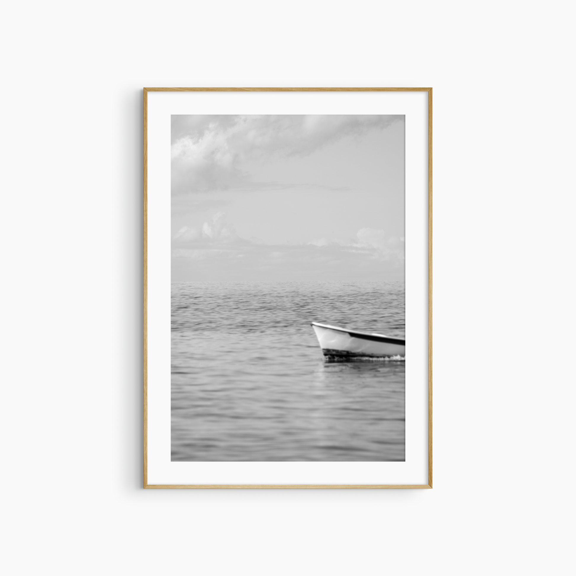 Fishing boat in motion photography print, black and white minimalist sea wall art, coastal print