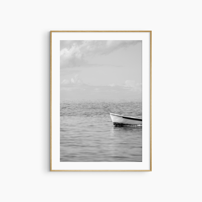 Fishing boat in motion photography print, black and white minimalist sea wall art, coastal print