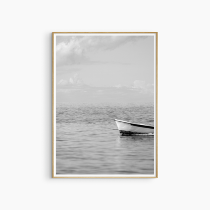 Black and white coastal boat print, passing fishing boat wall art, minimalist sea photography printable
