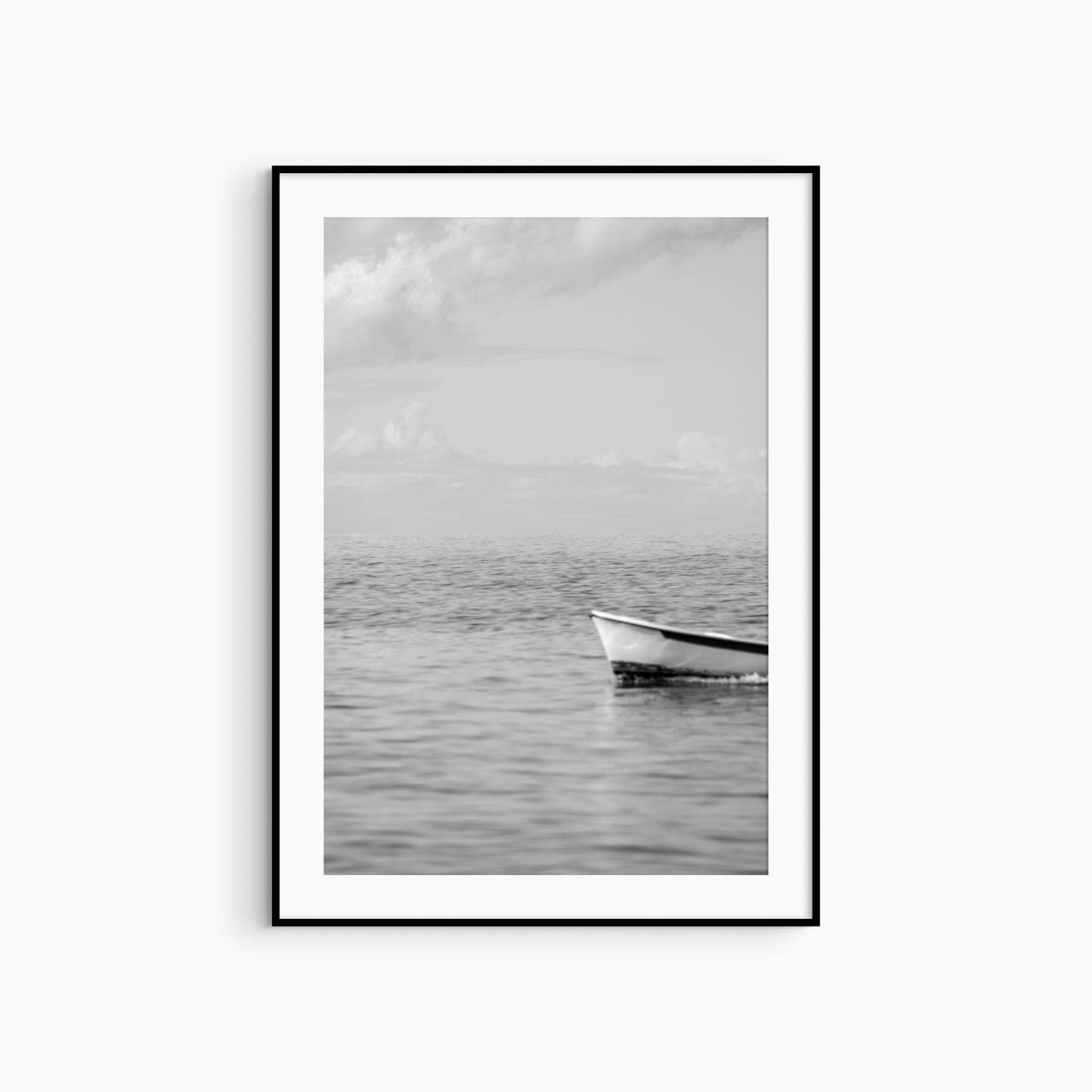 Minimalist nautical photography printable, black and white boat and sea wall art, open horizon print