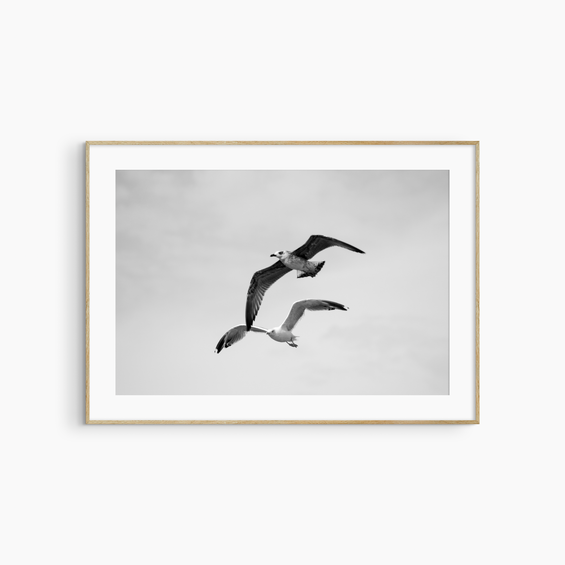 Minimalist seagulls flying photography printable, black and white bird wall art, dynamic coastal print