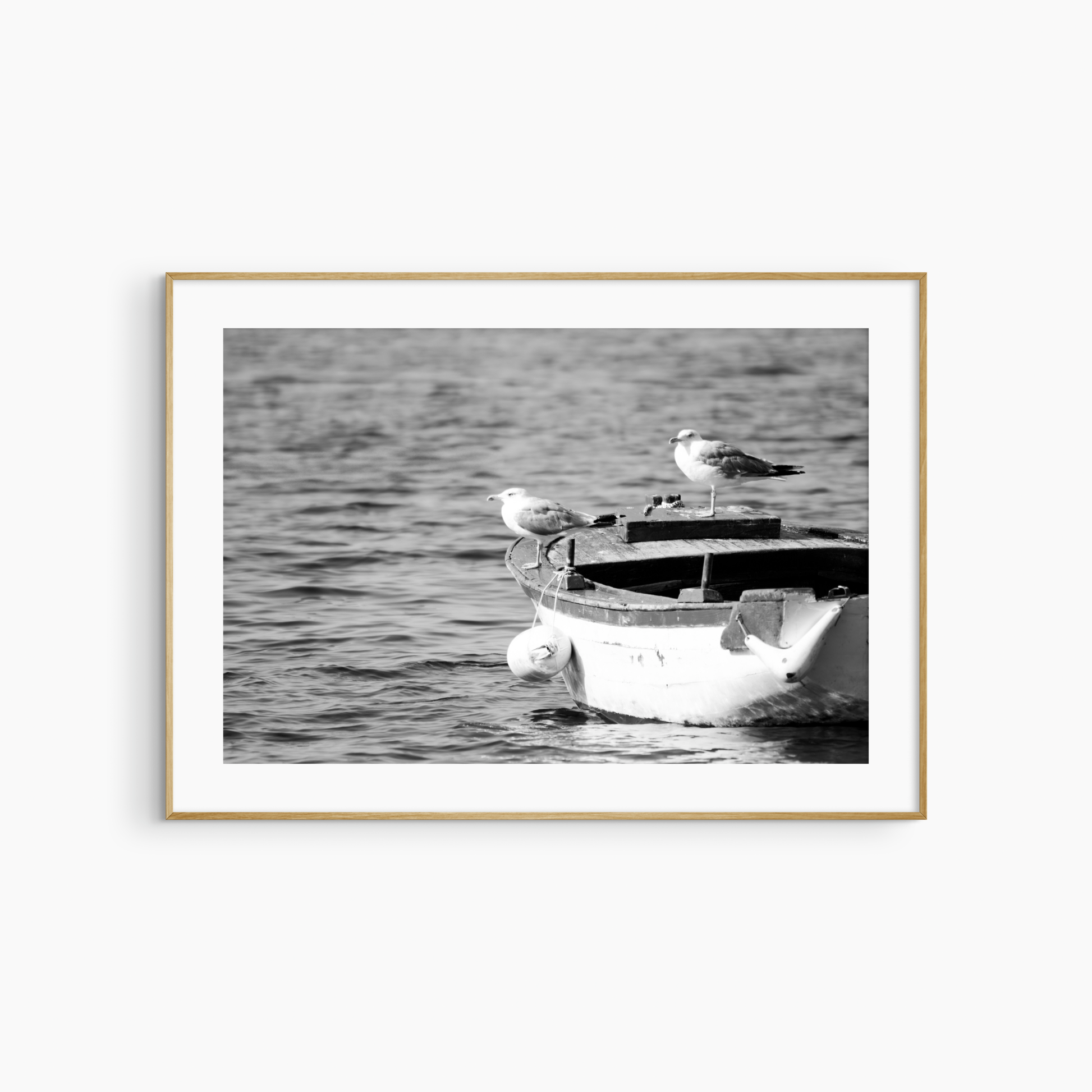 Black and white seagulls on fishing boat photography print, nautical coastal wall art, bird and boat print