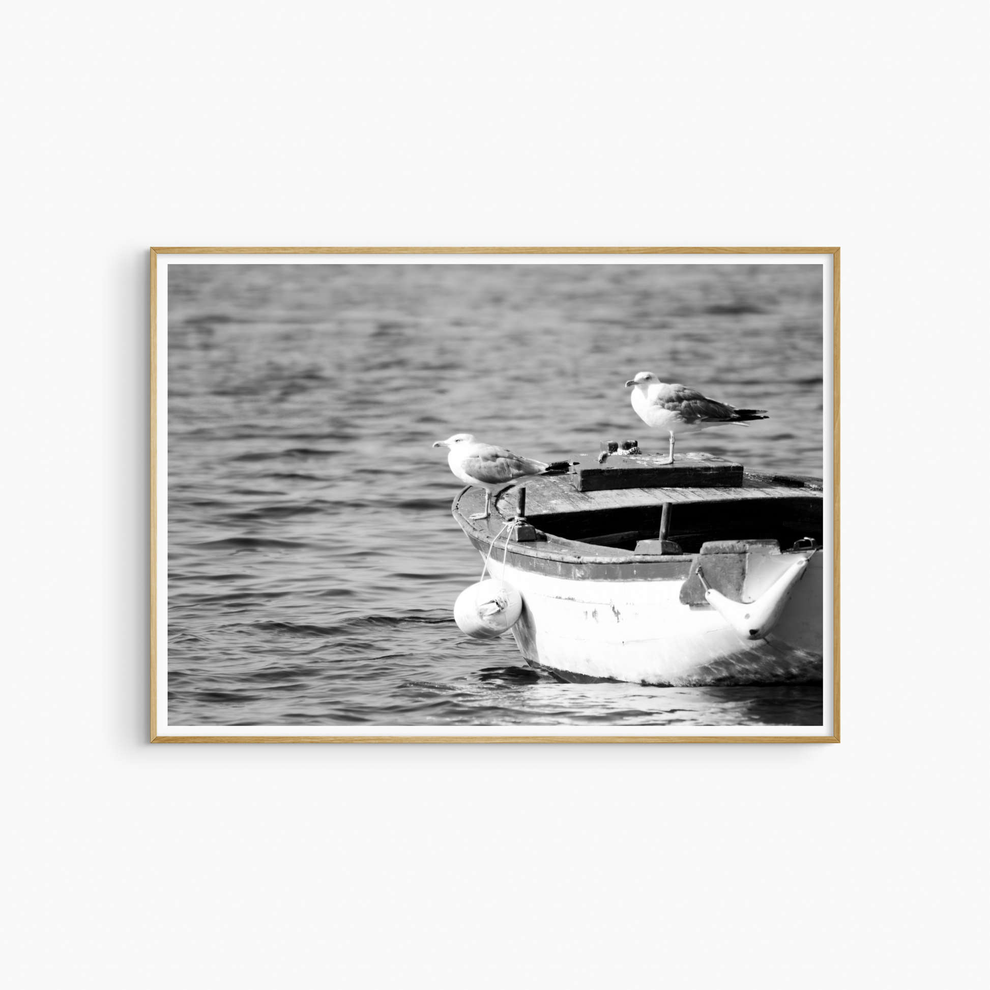 Two seagulls on wooden fishing boat photography print, black and white nautical wall art, coastal print