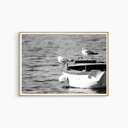 Two seagulls on wooden fishing boat photography print, black and white nautical wall art, coastal print