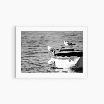 Minimalist seagull and boat photography printable, black and white coastal wall art, Mediterranean print