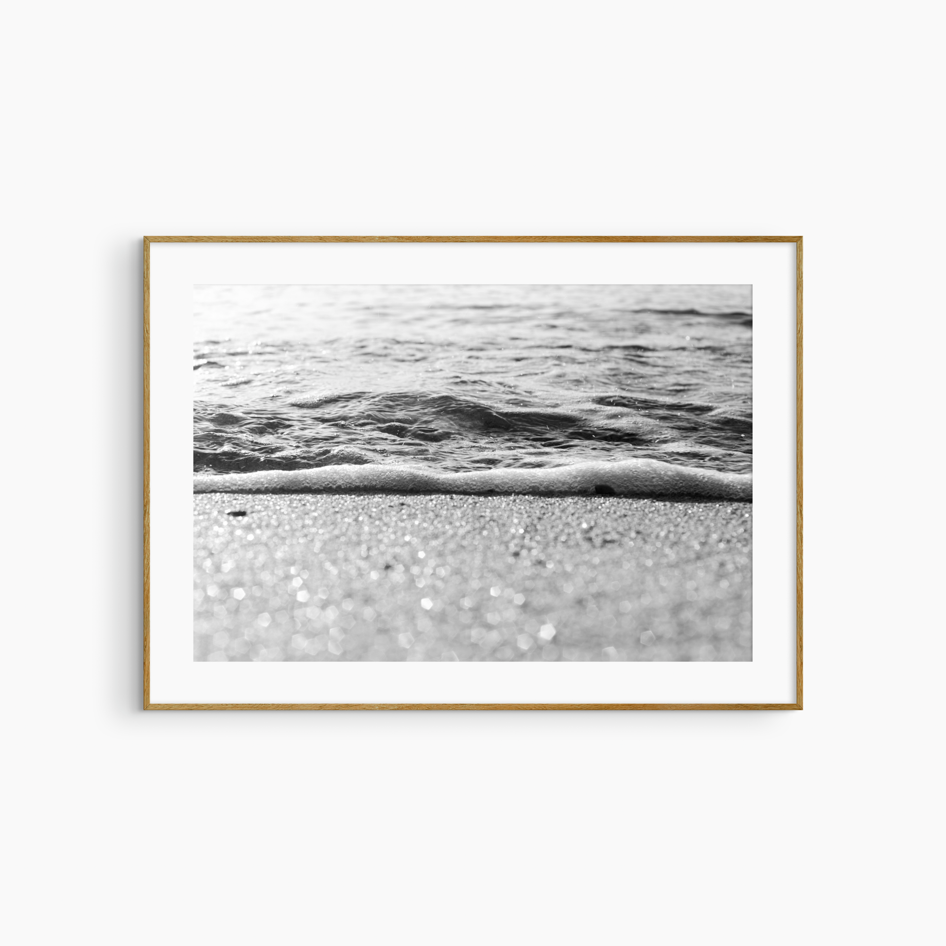 Minimalist beach shoreline photography printable, black and white coastal wall art, bokeh sand print