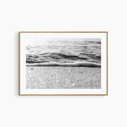 Minimalist beach shoreline photography printable, black and white coastal wall art, bokeh sand print