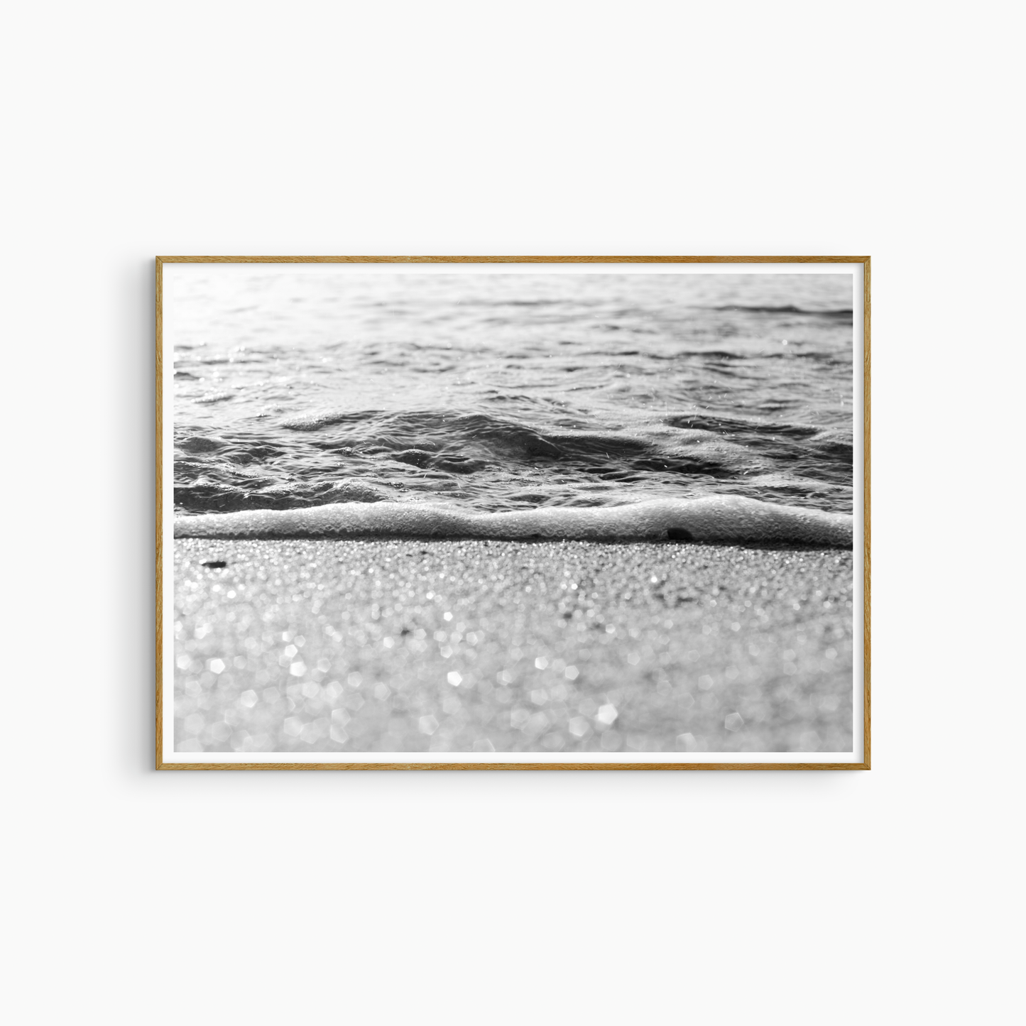Black and white shoreline photography print, sparkling sand and foam beach wall art, coastal light print
