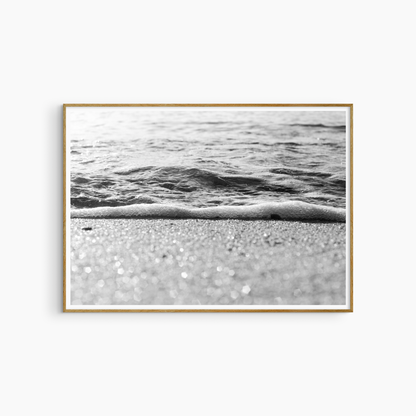 Black and white shoreline photography print, sparkling sand and foam beach wall art, coastal light print