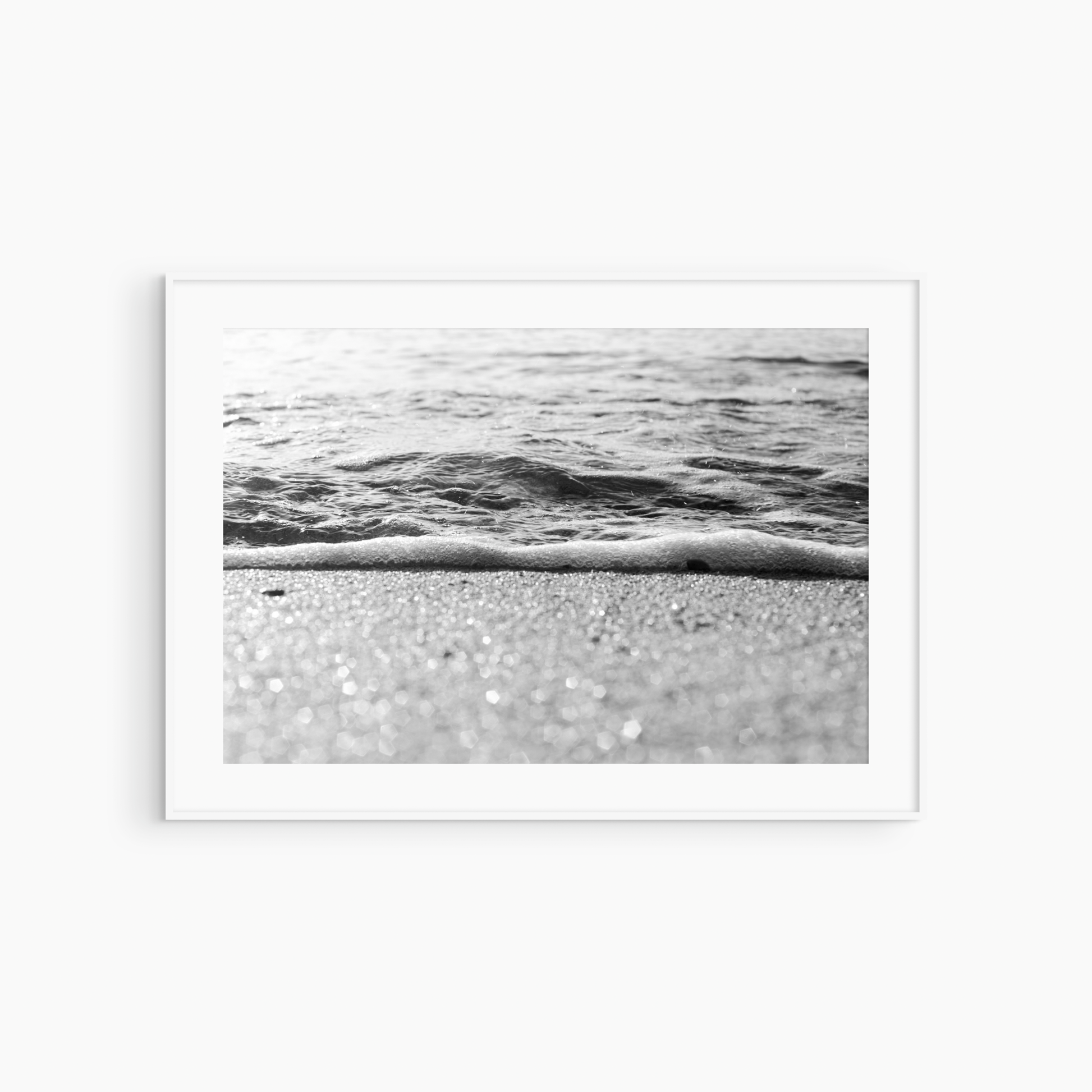 Sparkling wet sand and foam shoreline print, black and white coastal wall art, gentle wave print