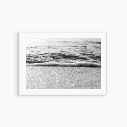 Sparkling wet sand and foam shoreline print, black and white coastal wall art, gentle wave print