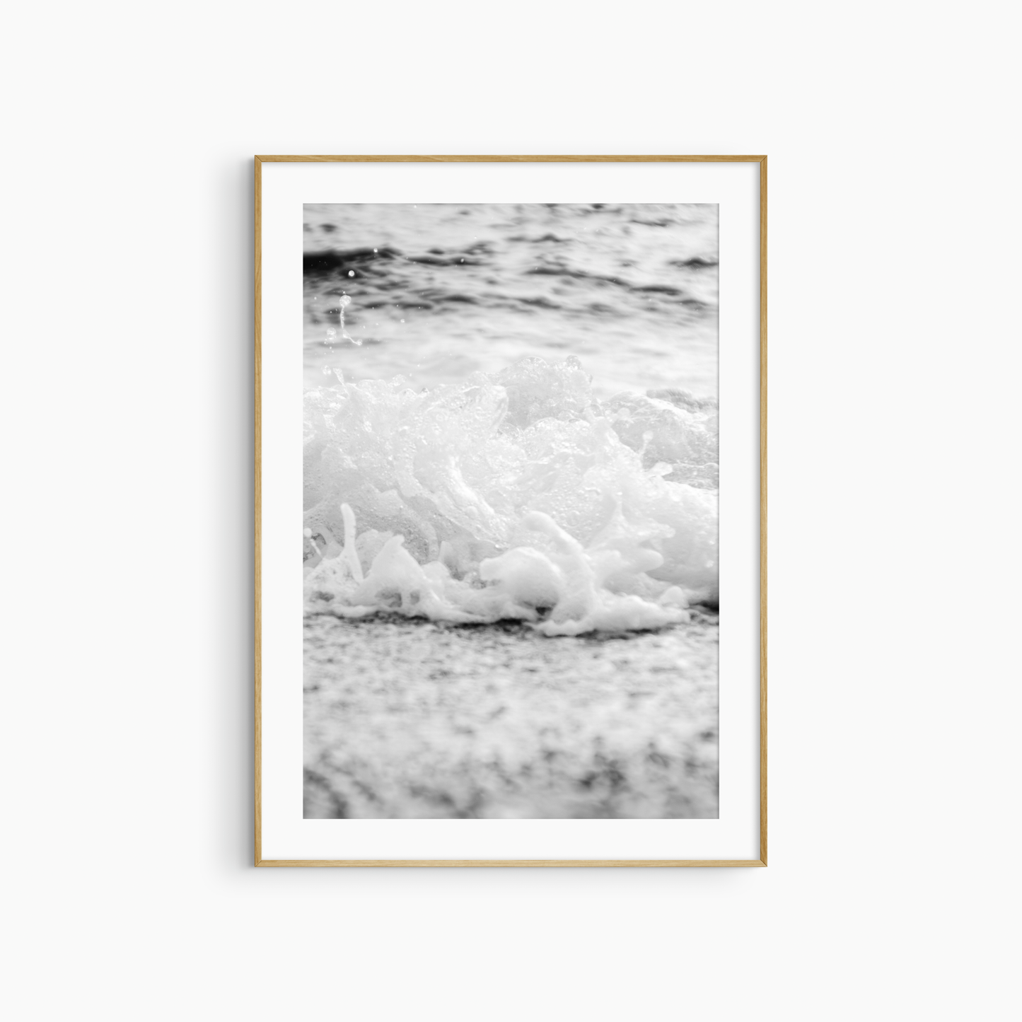 Close-up sea foam wave photography print, black and white coastal wall art, delicate shore print
