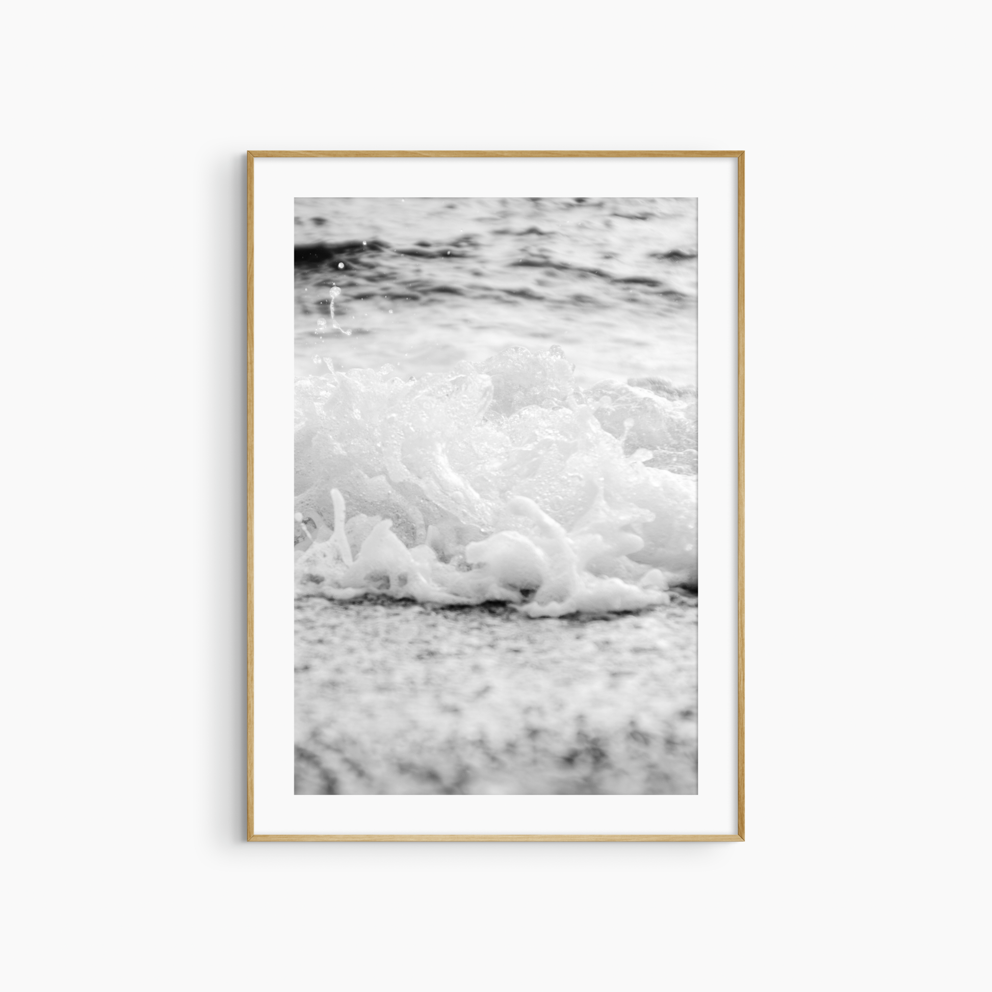 Close-up sea foam wave photography print, black and white coastal wall art, delicate shore print