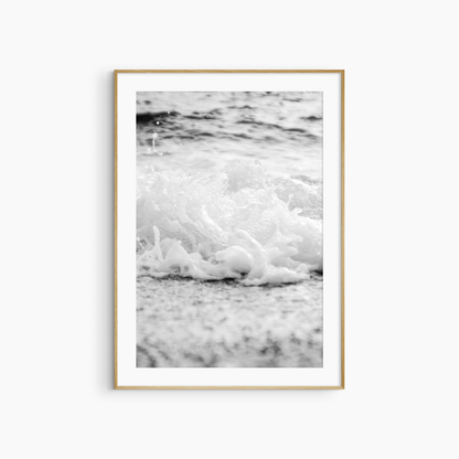 Close-up sea foam wave photography print, black and white coastal wall art, delicate shore print