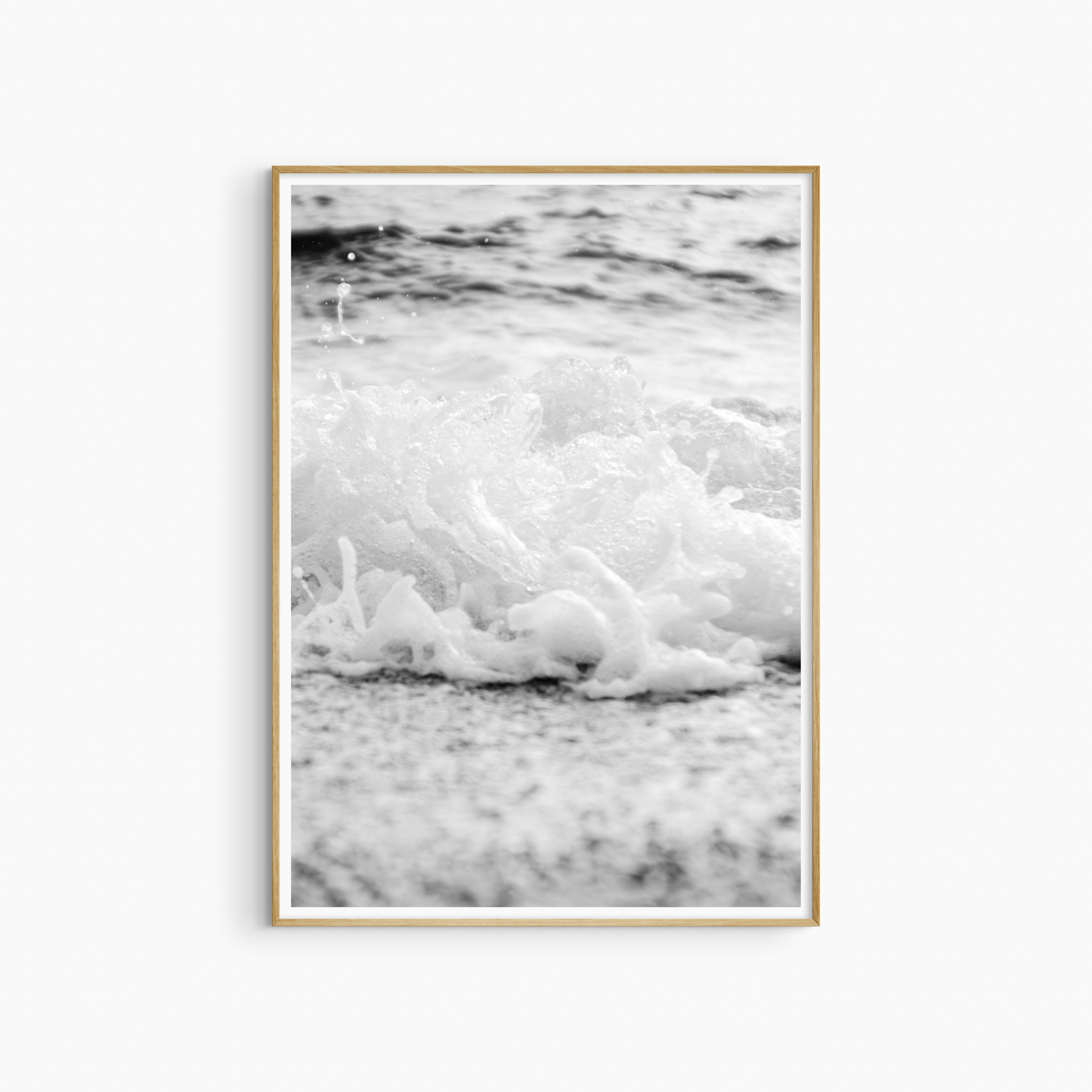 Black and white sea foam photography print, wave breaking on shore wall art, coastal detail print