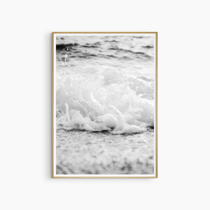 Black and white sea foam photography print, wave breaking on shore wall art, coastal detail print