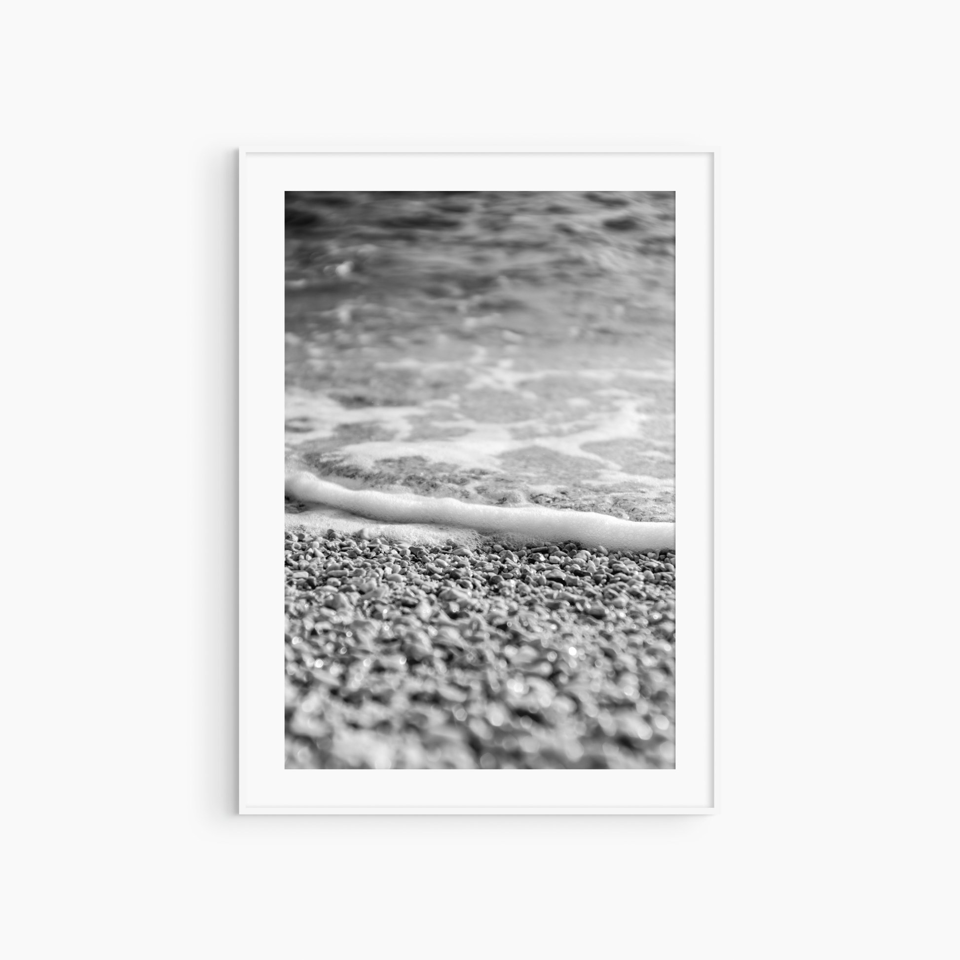 Minimalist pebble beach photography printable, black and white sea foam wall art, coastal texture print