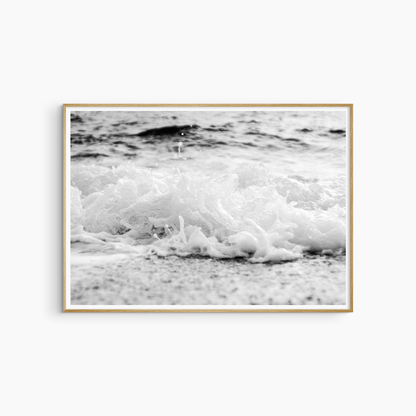 Minimalist foamy wave photography printable, black and white shore wall art, wild sea foam print