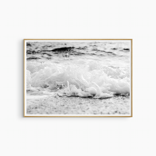 Minimalist foamy wave photography printable, black and white shore wall art, wild sea foam print