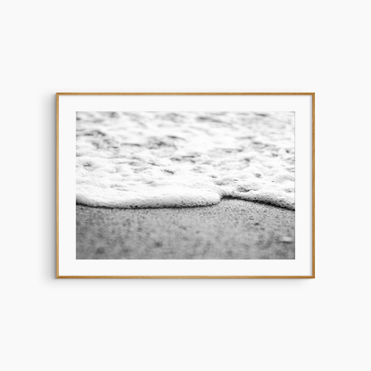 Black and white sea foam edge photography print, minimal beach wall art, coastal shore texture print