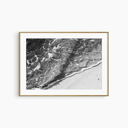 Black and white shore wash photography print, overhead beach wall art, foam and sand coastal print