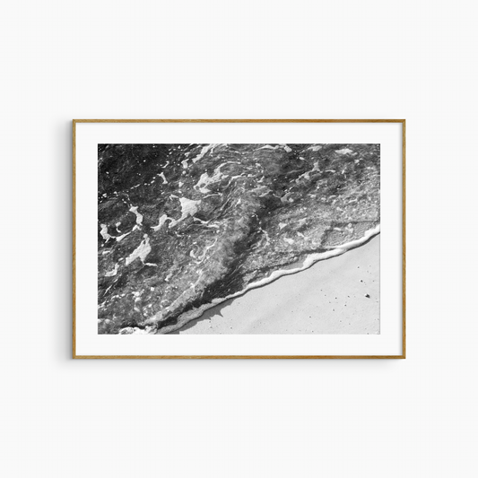 Black and white shore wash photography print, overhead beach wall art, foam and sand coastal print