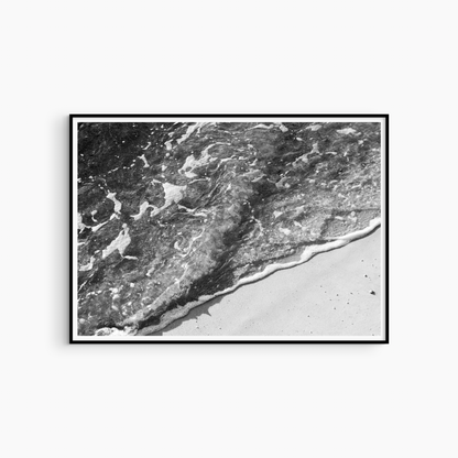 Minimalist beach photography printable, black and white foam and sand wall art, shore wash detail print