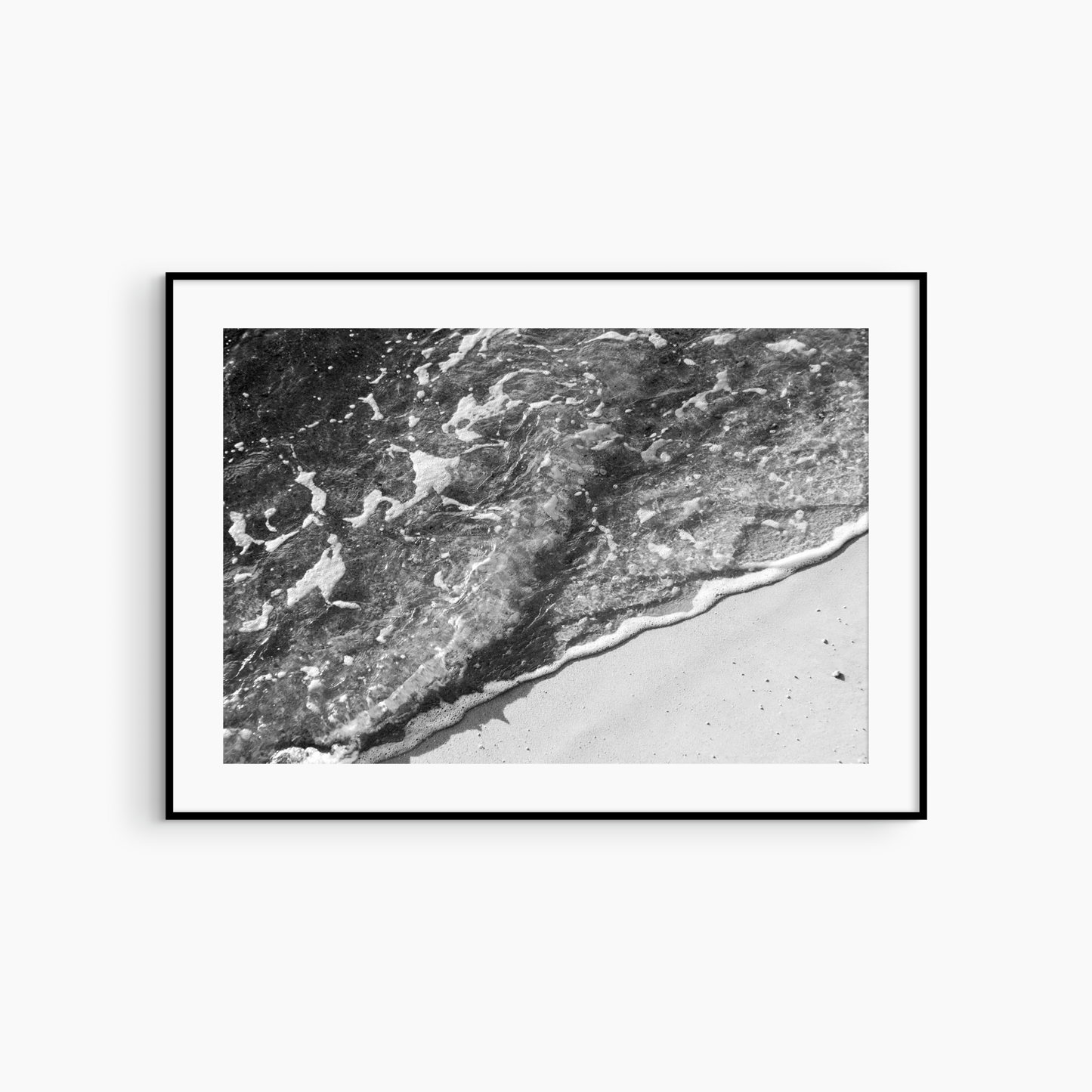 Printable shore wash photography, black and white beach foam wall art, diagonal coastal sand print