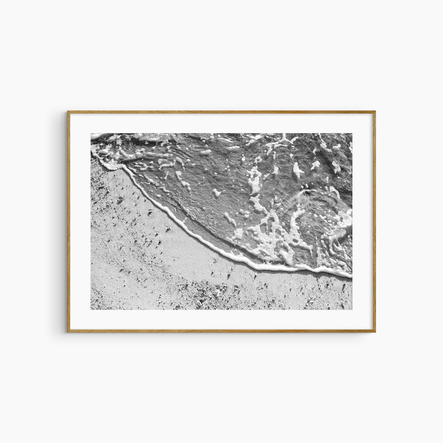 Minimalist sandy shore photography printable, black and white beach wall art, curved foam edge print