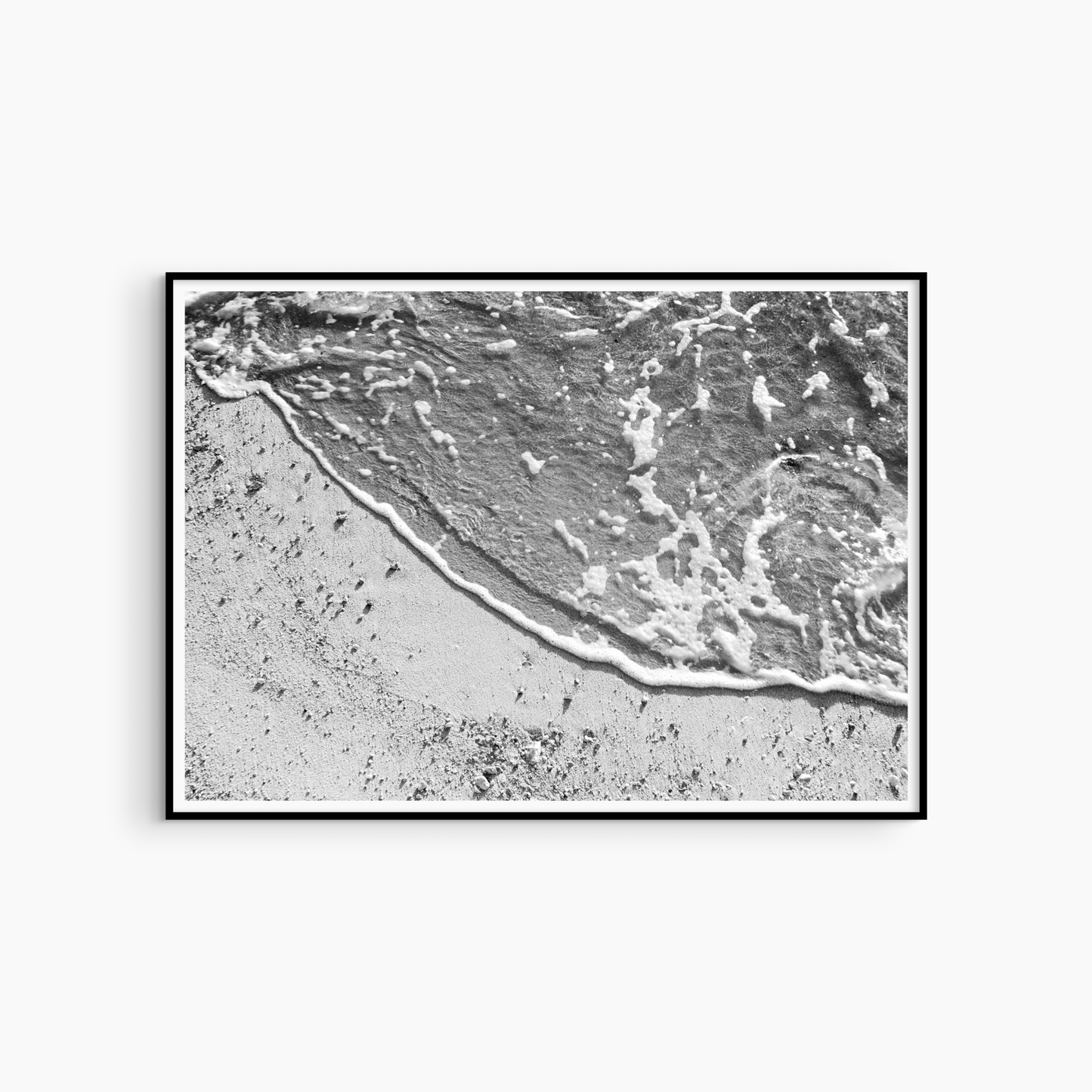 Black and white sandy shore photography print, coastal beach wall art, foam edge and sand print