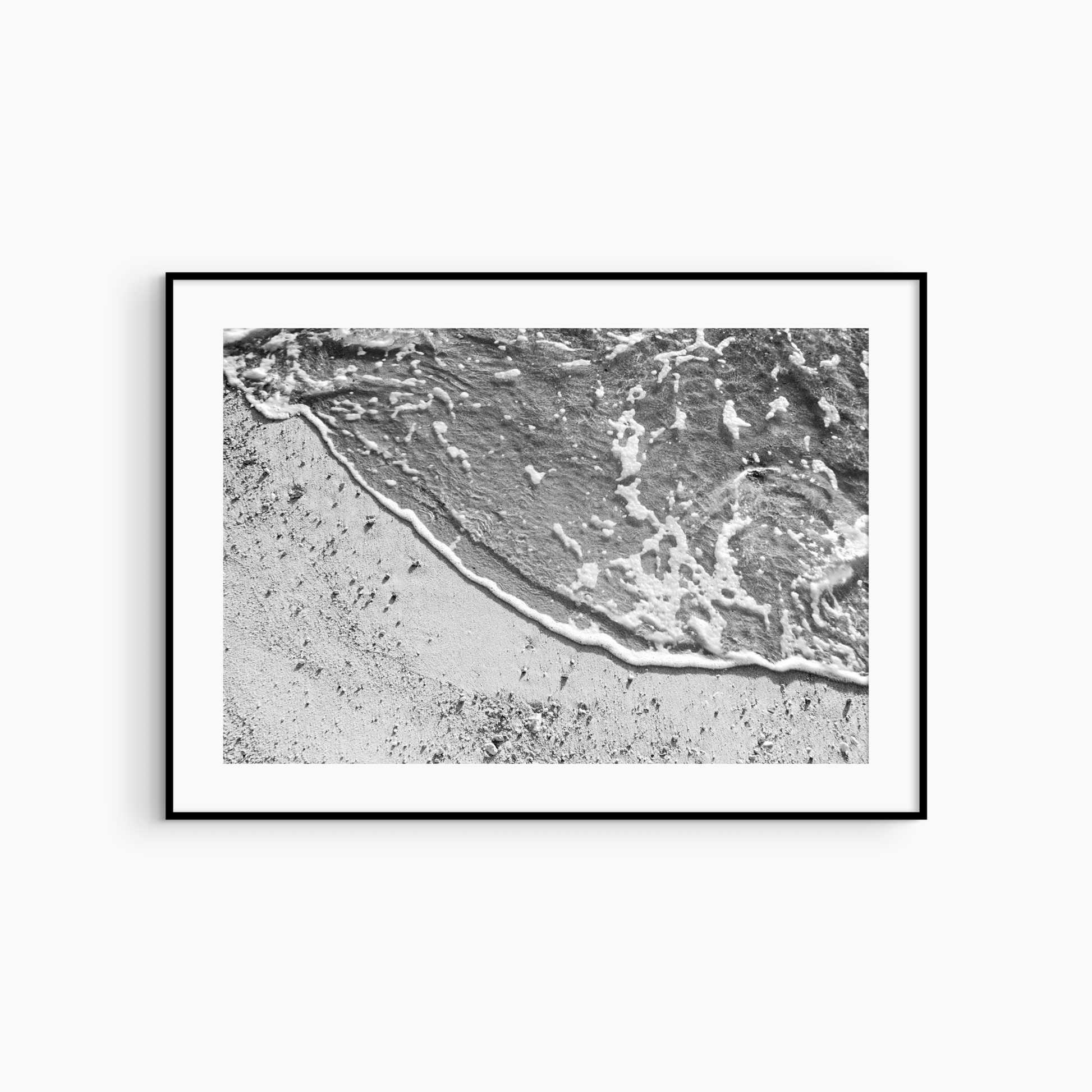 Overhead sandy beach and foam photography print, black and white coastal wall art, airy shore print