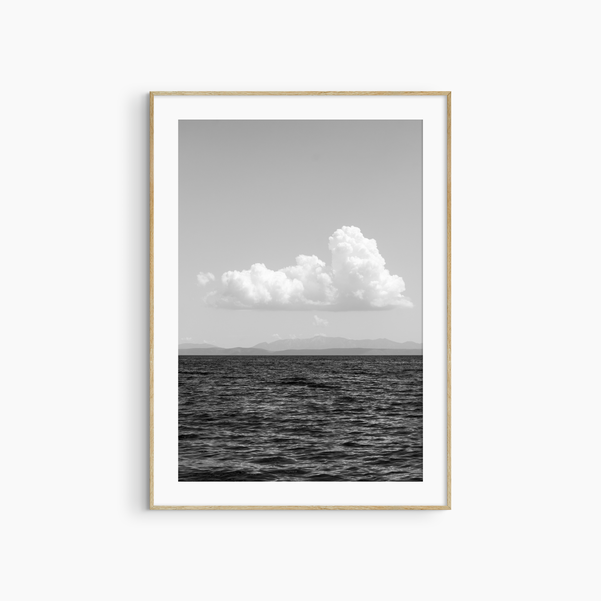 Minimalist cloud photography printable, black and white sea and sky wall art, horizon cloud print