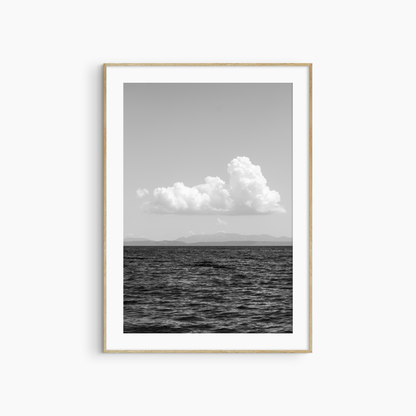 Minimalist cloud photography printable, black and white sea and sky wall art, horizon cloud print