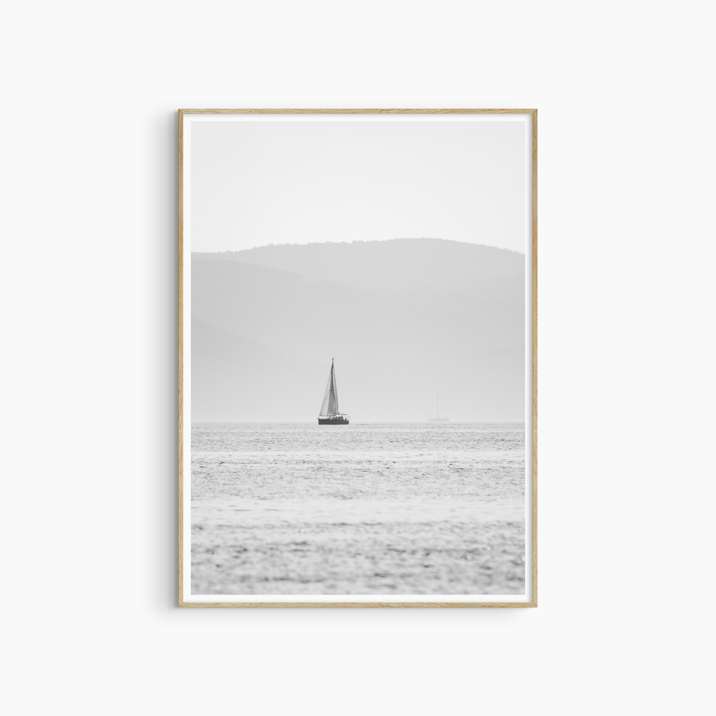 Minimalist sailboat photography printable, black and white luminous sea wall art, calm coastal print