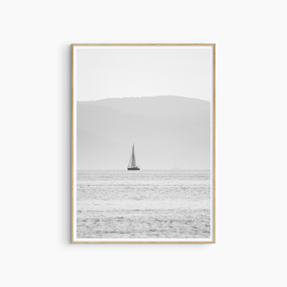 Minimalist sailboat photography printable, black and white luminous sea wall art, calm coastal print