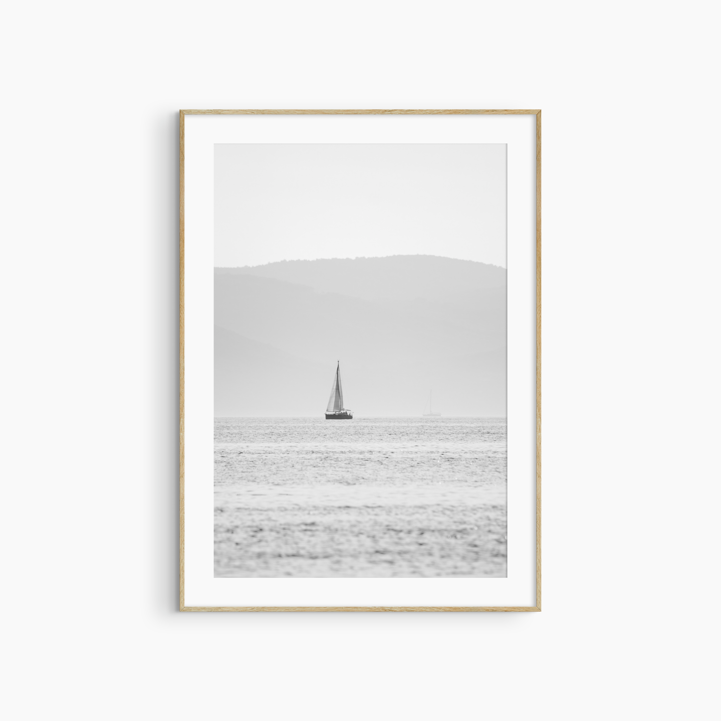 Printable sailboat photography, black and white misty sea wall art, lone sailboat coastal print