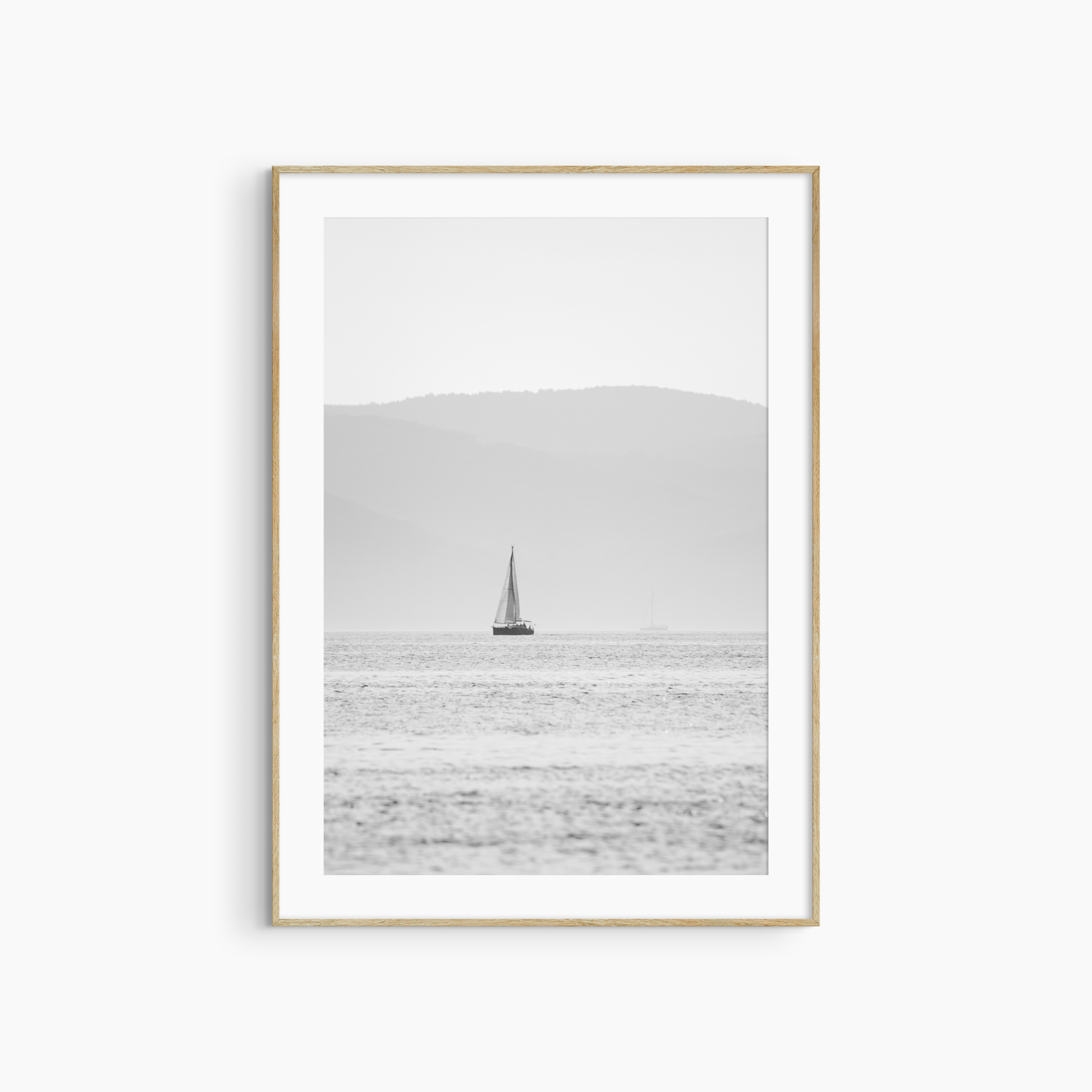 Printable sailboat photography, black and white misty sea wall art, lone sailboat coastal print