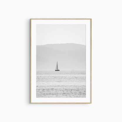 Printable sailboat photography, black and white misty sea wall art, lone sailboat coastal print