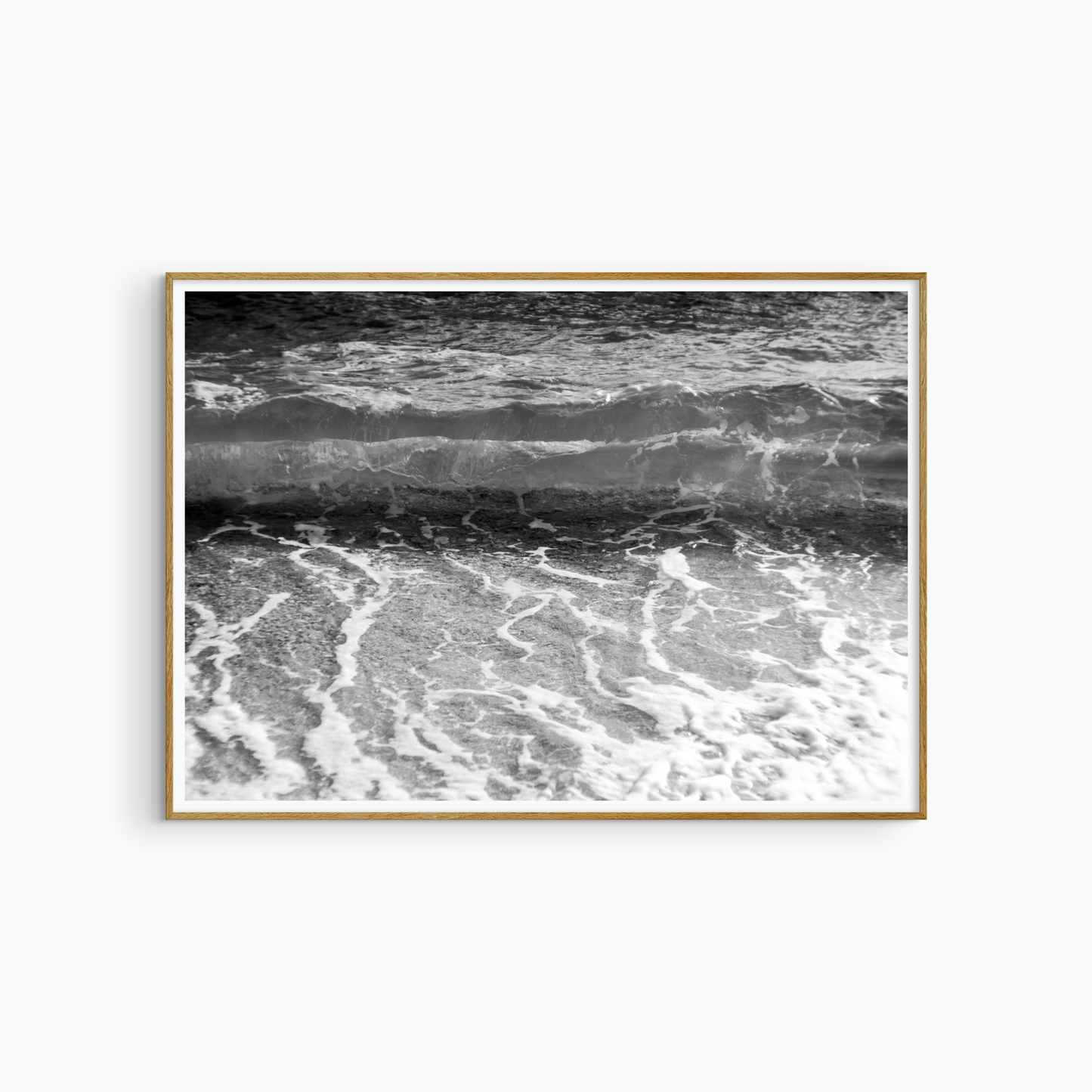 Printable pebble shore wave photography, black and white coastal wall art, foam trail print