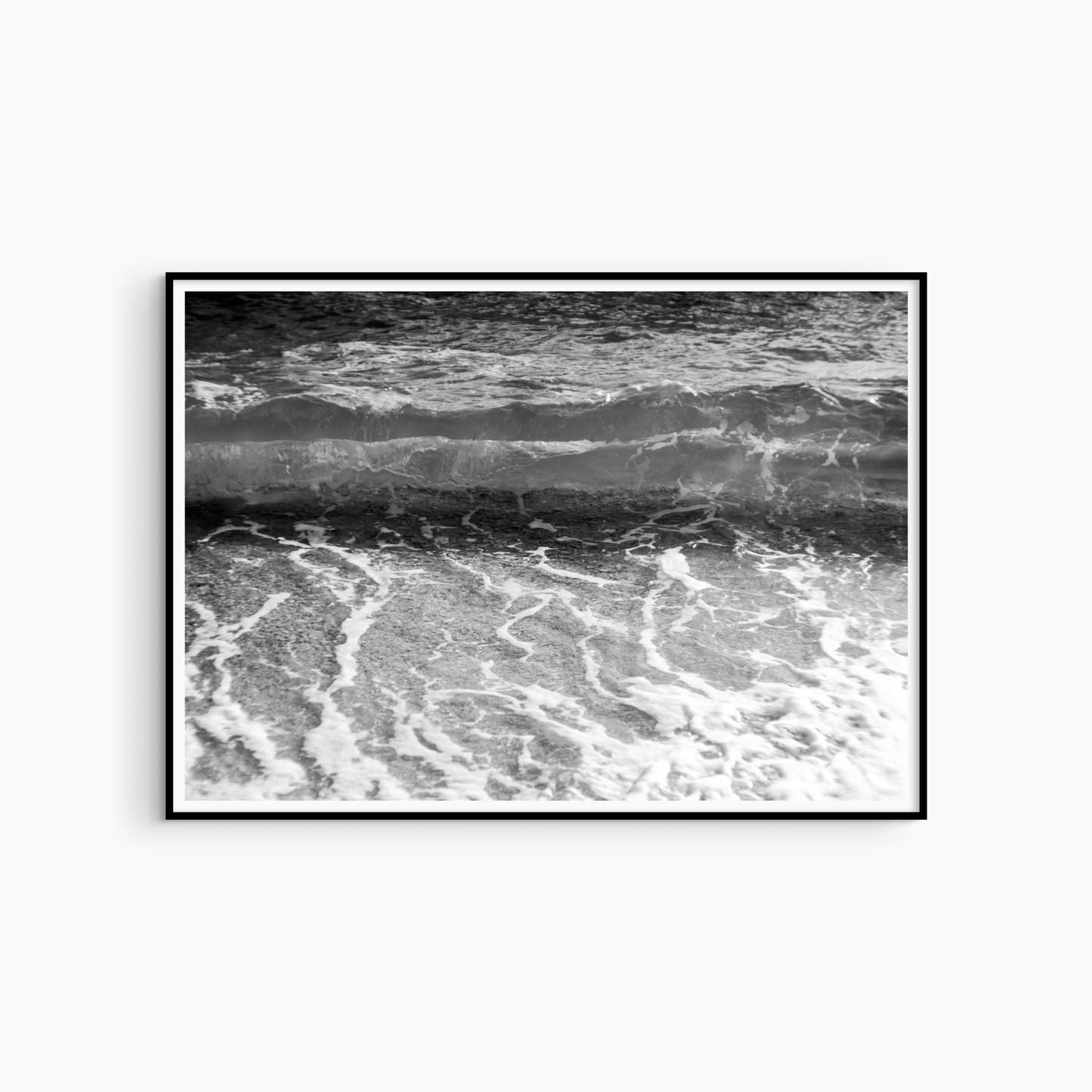 Minimalist pebble shore photography printable, black and white wave wall art, foam pattern print
