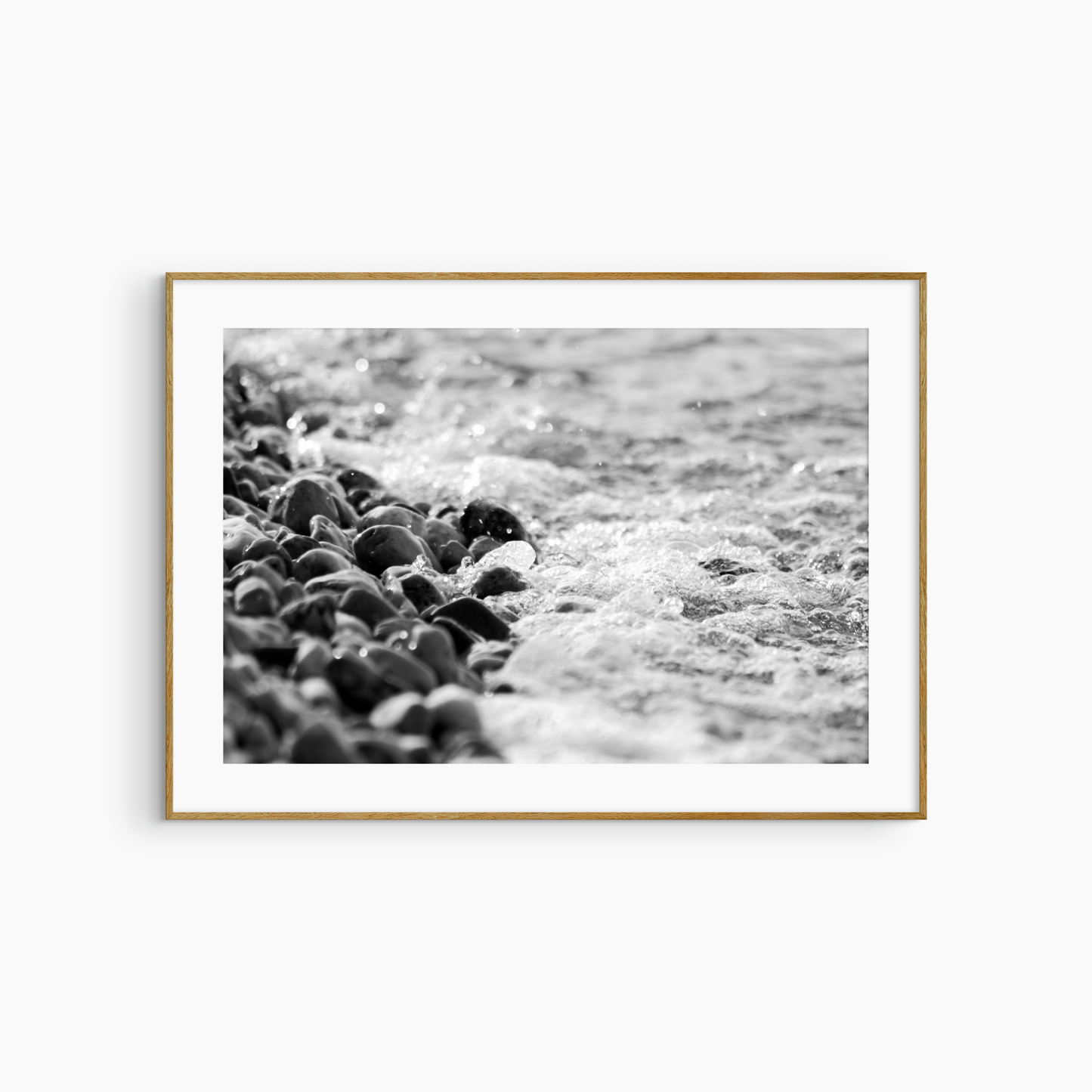 Black and white wet stones photography print, pebble shore coastal wall art print
