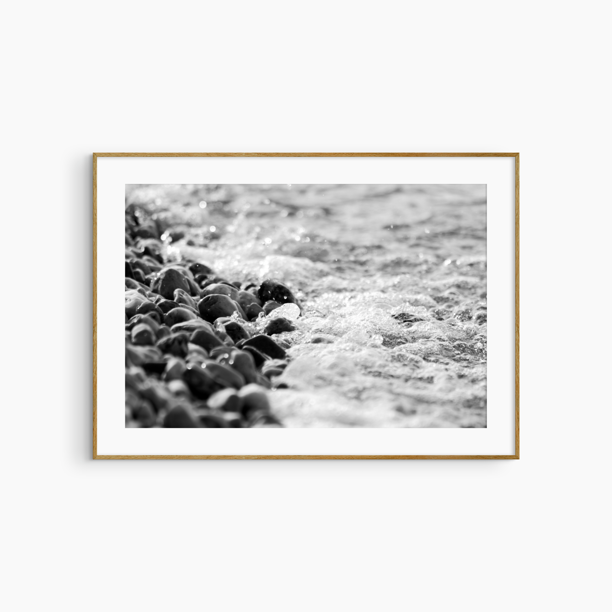 Black and white wet stones photography print, pebble shore coastal wall art print