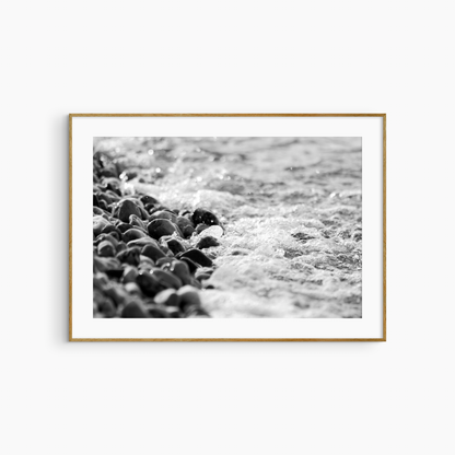 Black and white wet stones photography print, pebble shore coastal wall art print