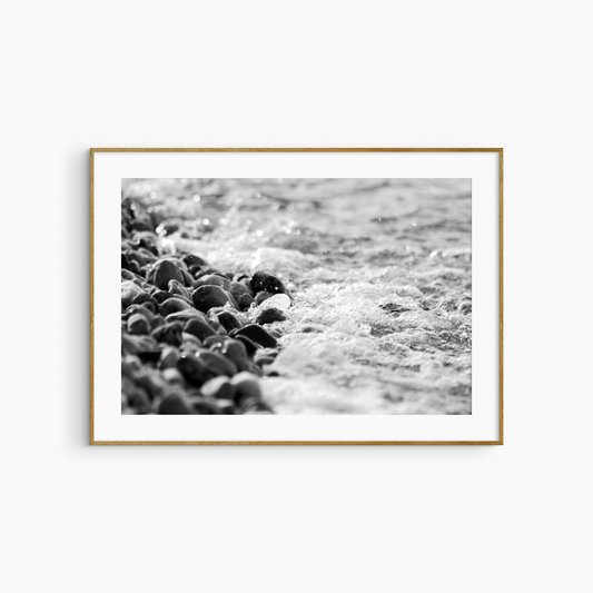 Black and white wet stones photography print, pebble shore coastal wall art print